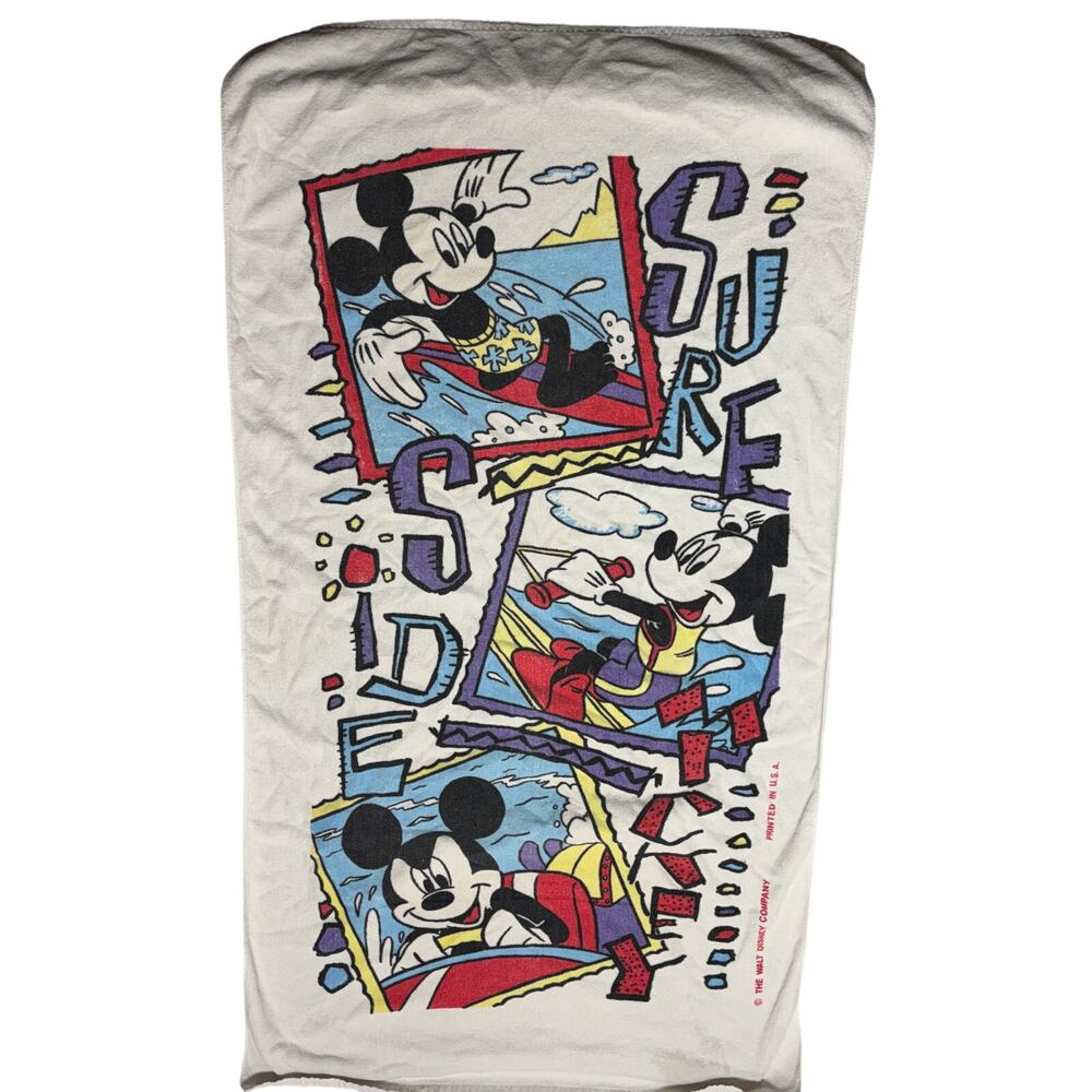 Vintage Mickey Mouse Beach Towel White Surf Side Made in USA Colorful Franco